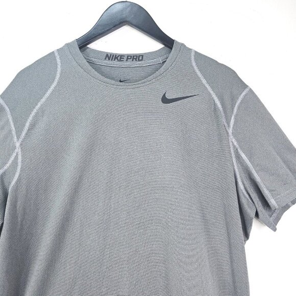 NIKE PRO Combat Grey Black Striped Compression Workout Shirt - Picture 3 of 8